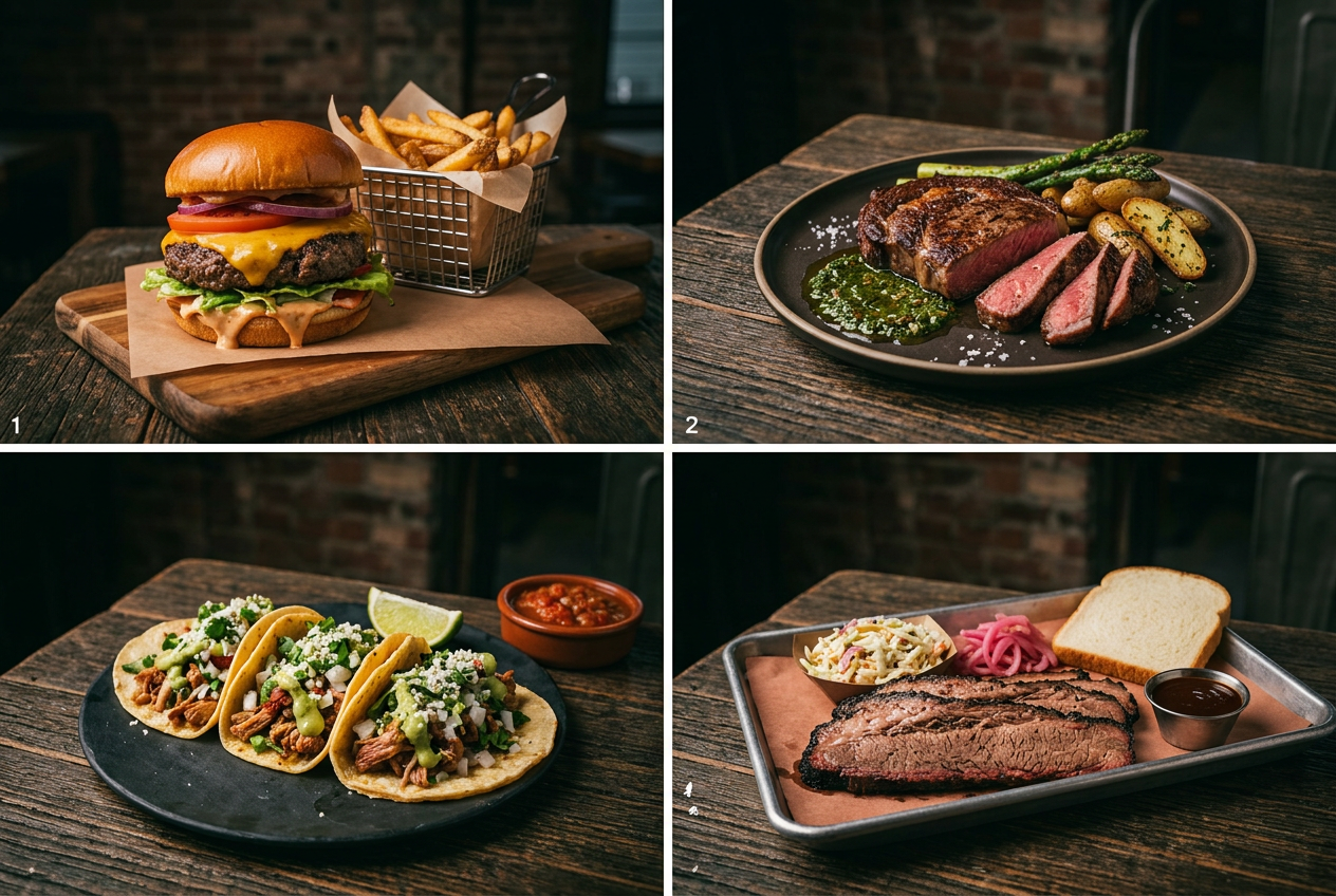 Burger steak tacos and BBQ food review images