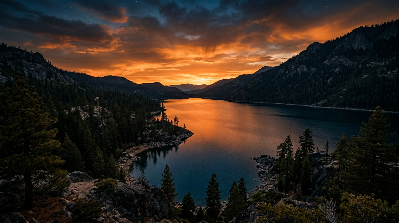 Northern California mountain lake sunset hero image