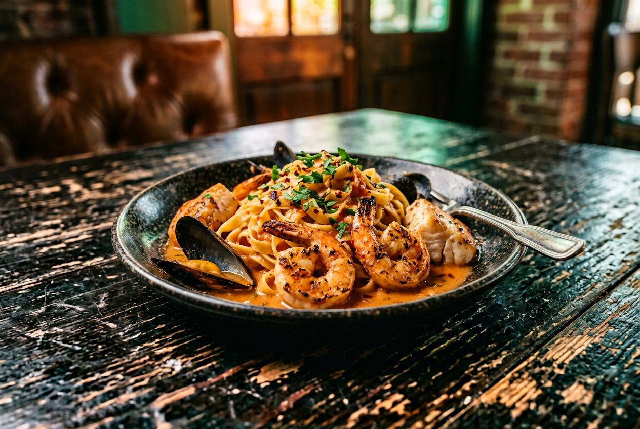 Seafood pasta dish for food review card